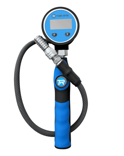 A digital air inflator/deflator with a blue LCD screen, black hose, and ergonomic pistol grip handle.